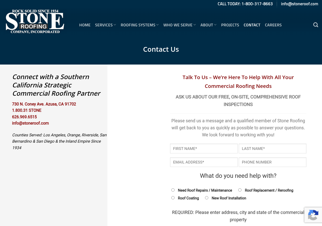 Screenshot of Contact Us | Stone Roofing Co | Top California Commercial Roofer