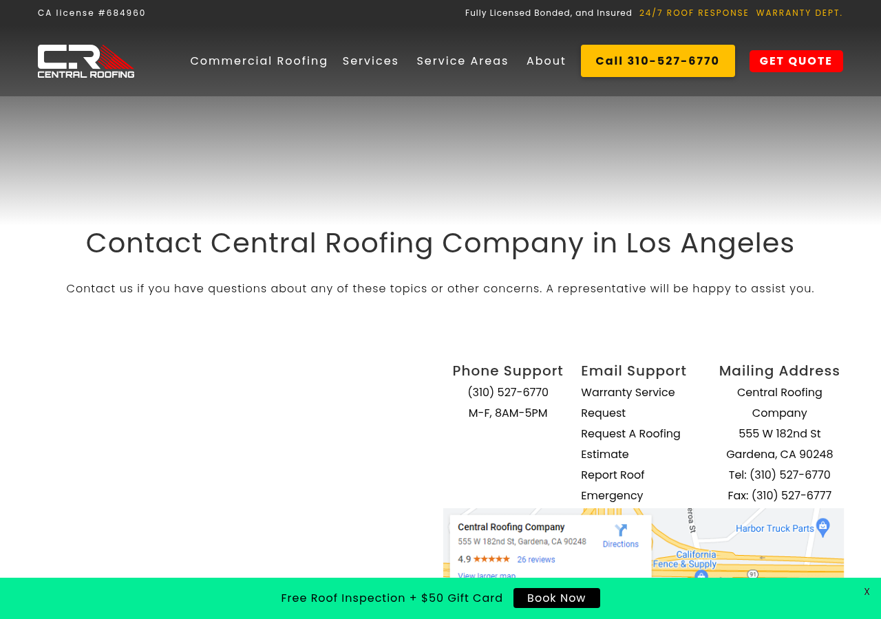Screenshot of Contact Central Roofing in Los Angeles And Orange County