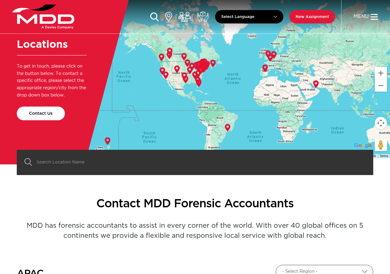 Screenshot of MDD Forensic Accountants Global Office Locations