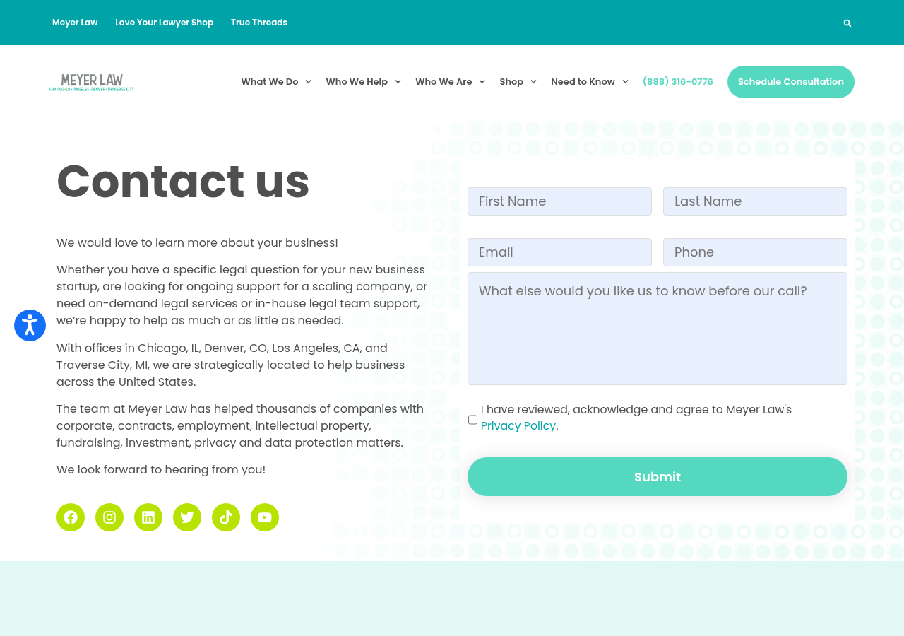 Screenshot of Contact | Meyer Law
