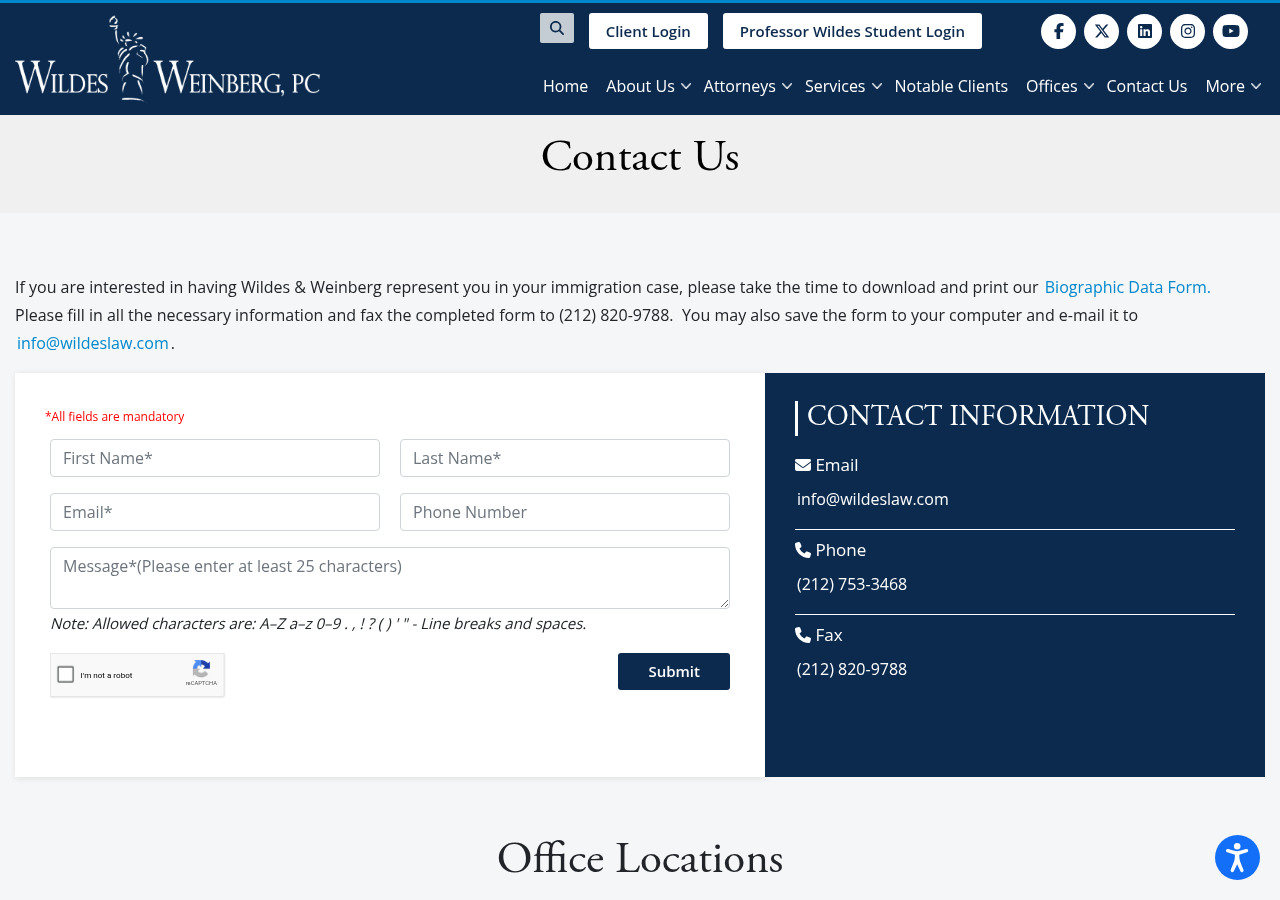 Screenshot of Contact Us - Best Immigration Lawyer, Attorneys- Wildes & Weinberg P.C
