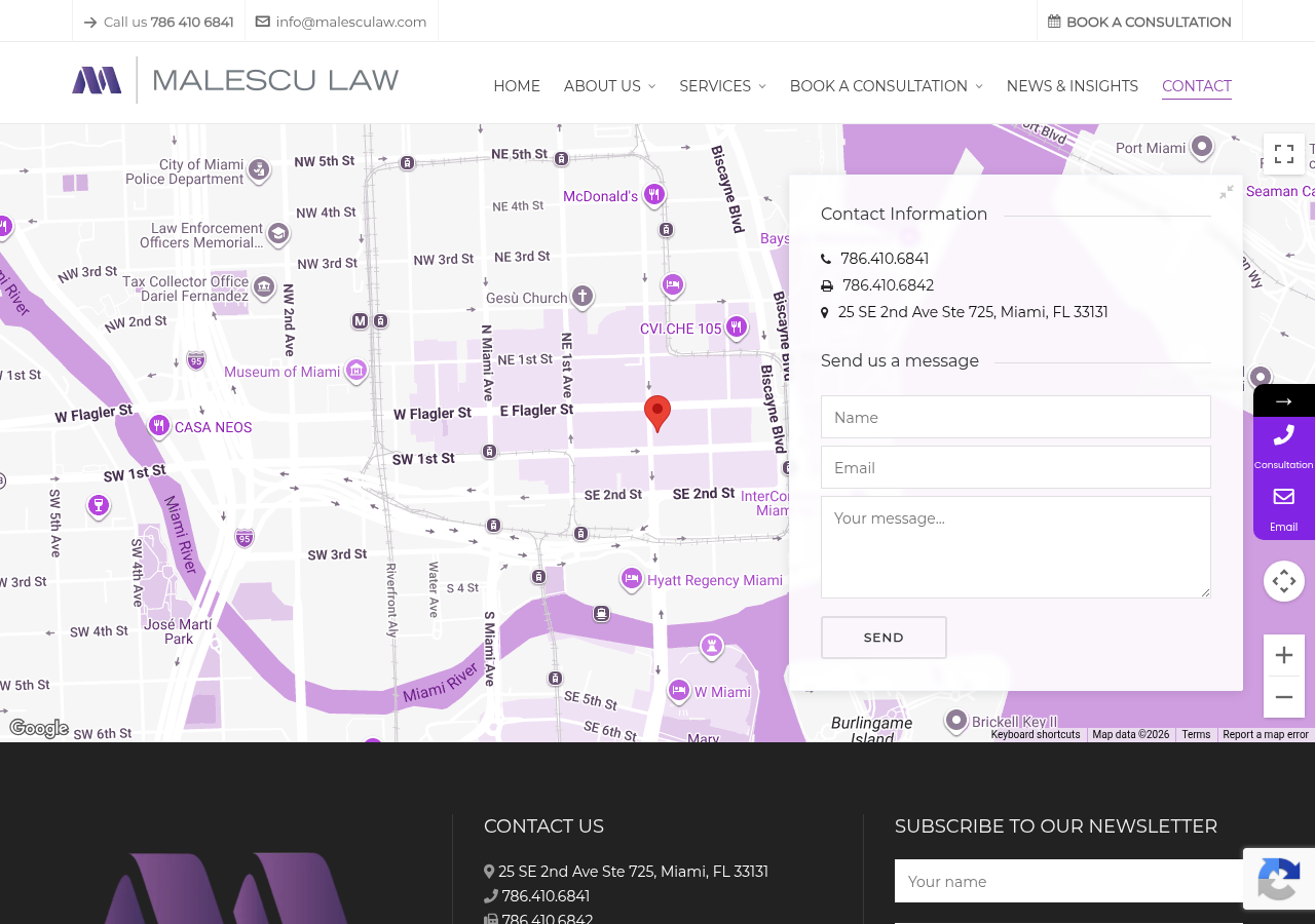 Screenshot of Contact - Malescu Law, PA - Miami FL Business & Immigration Lawyers