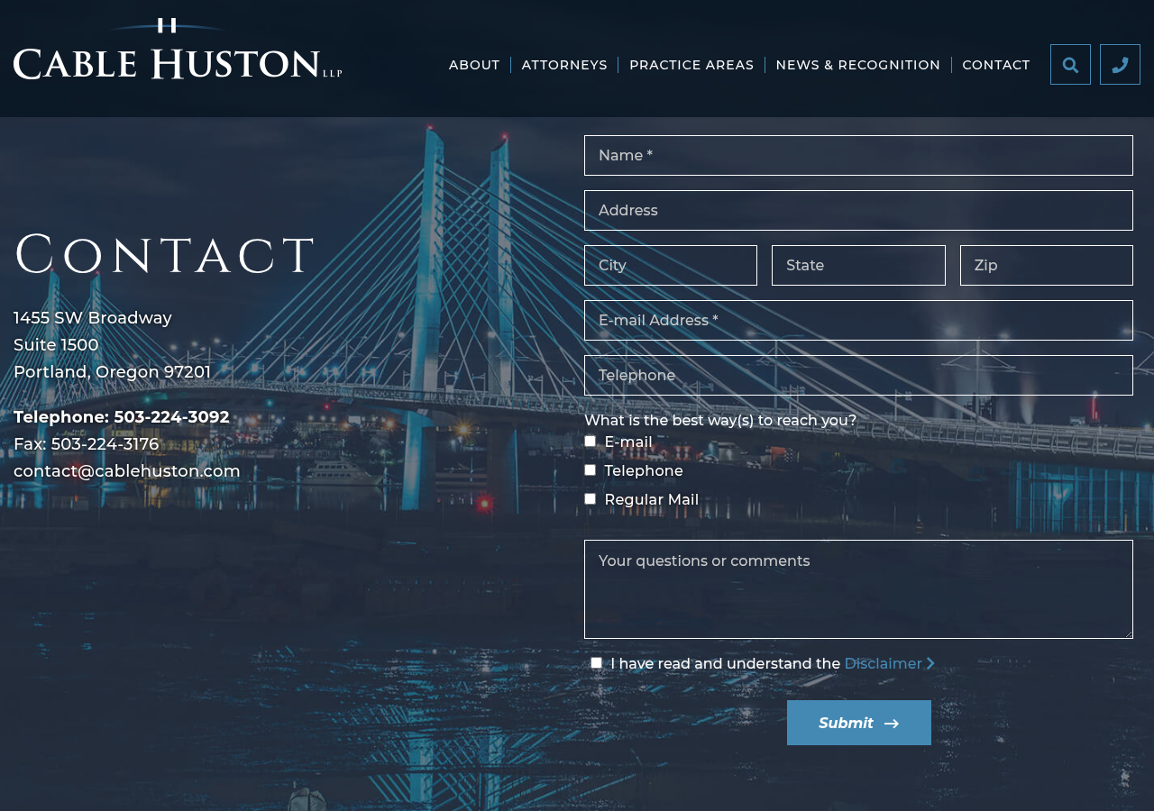 Screenshot of Contact - Cable Huston LLP