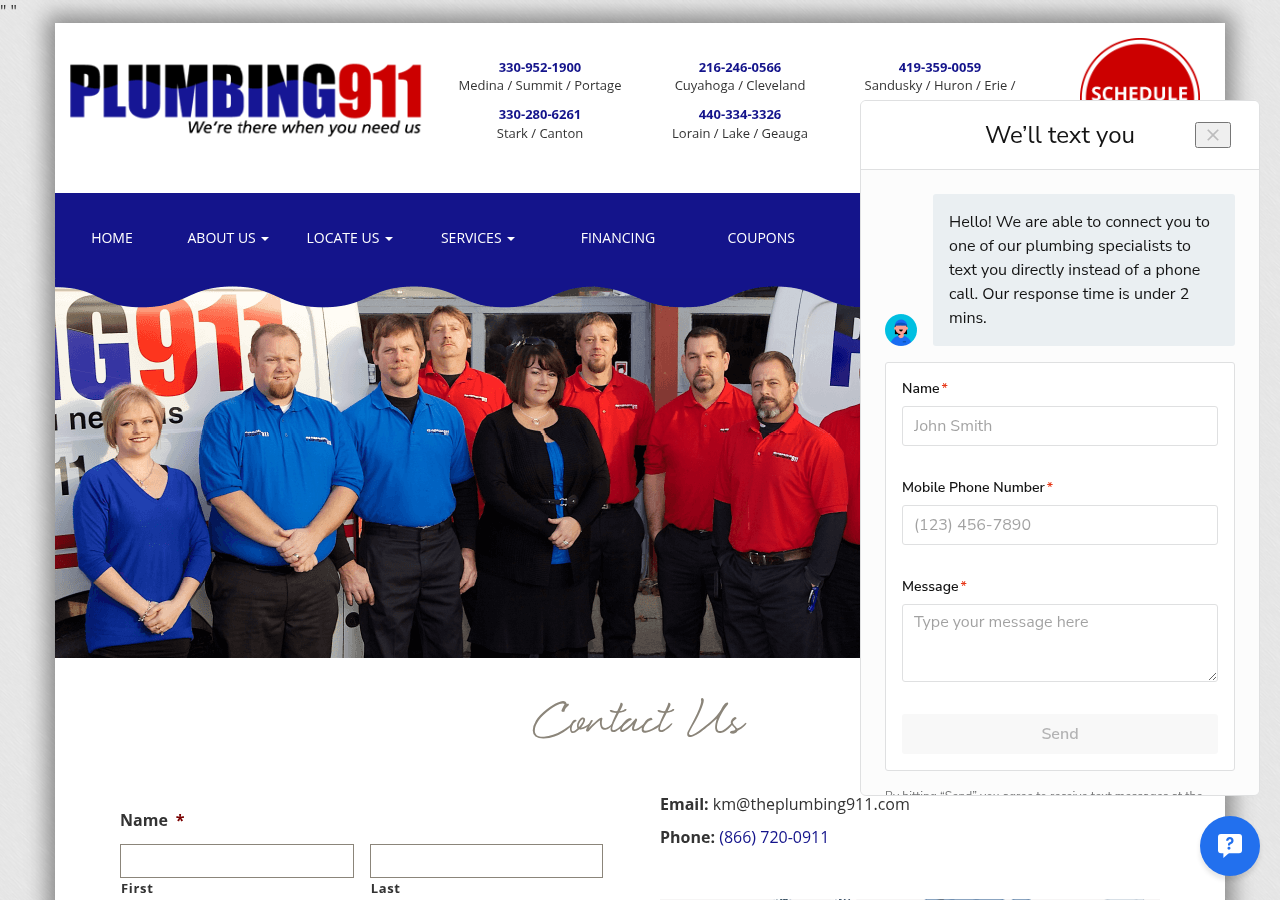 Screenshot of Contact Our Ohio Plumbing Team