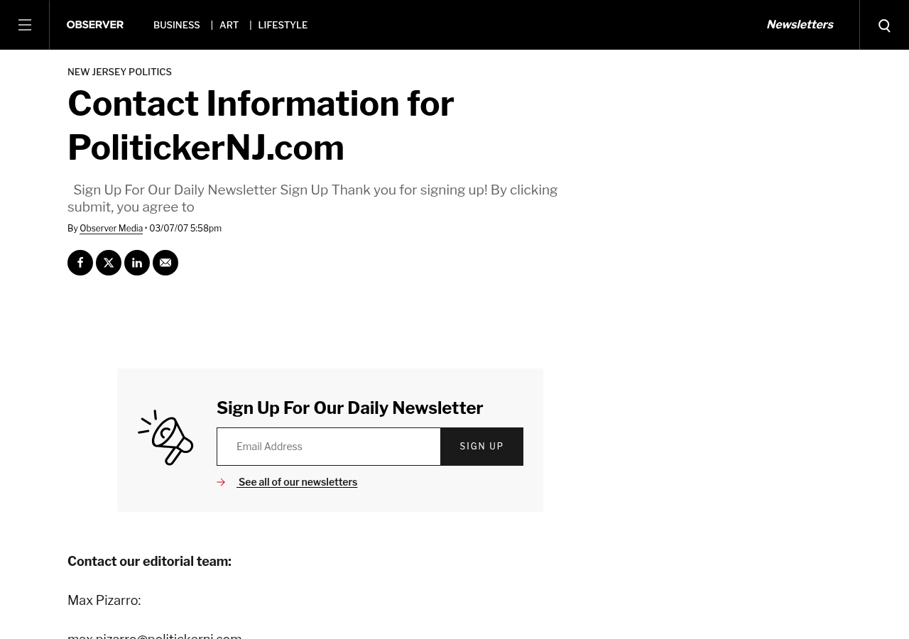 Screenshot of Contact Information for PolitickerNJ.com | Observer