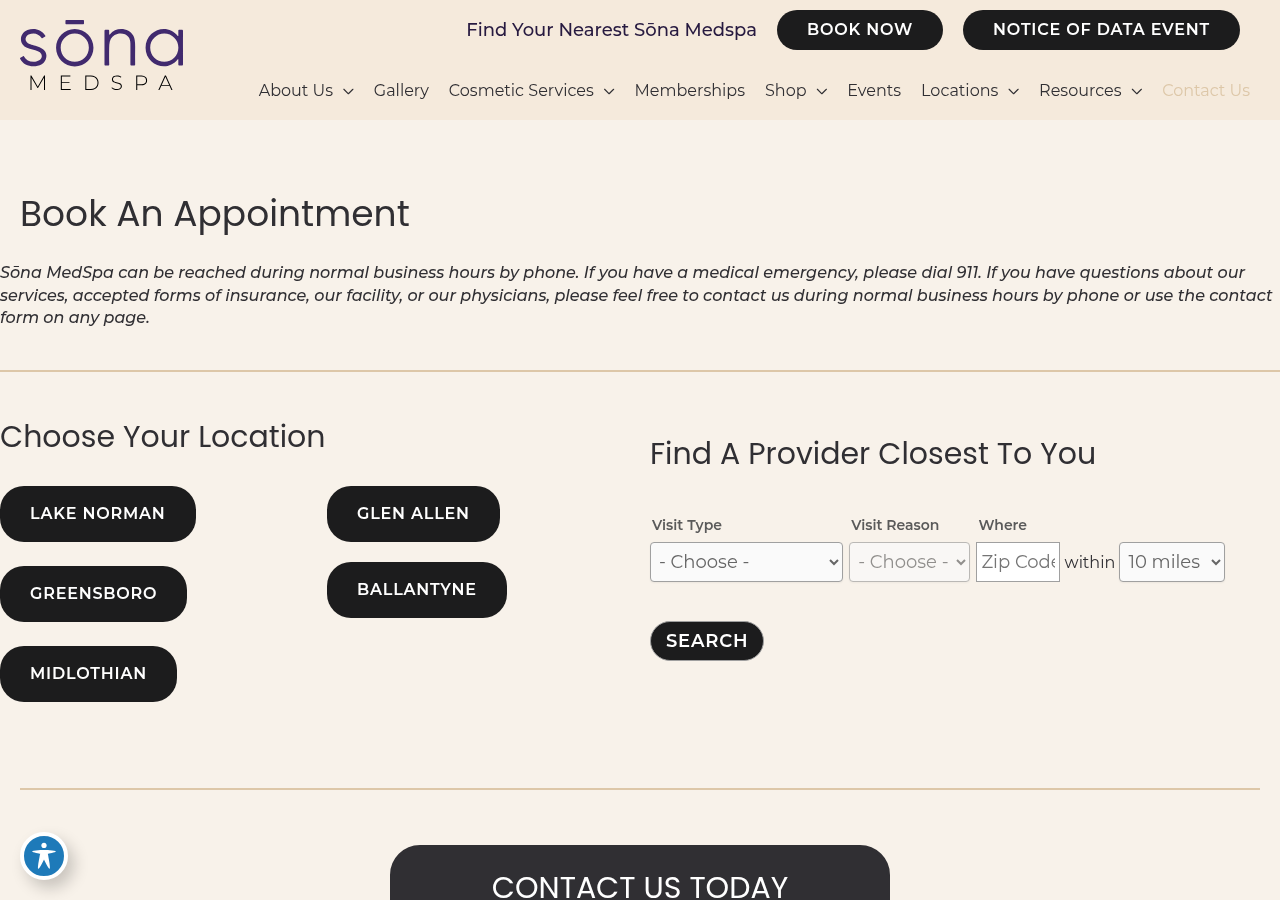 Screenshot of Book An Appointment - Sōna MedSpa