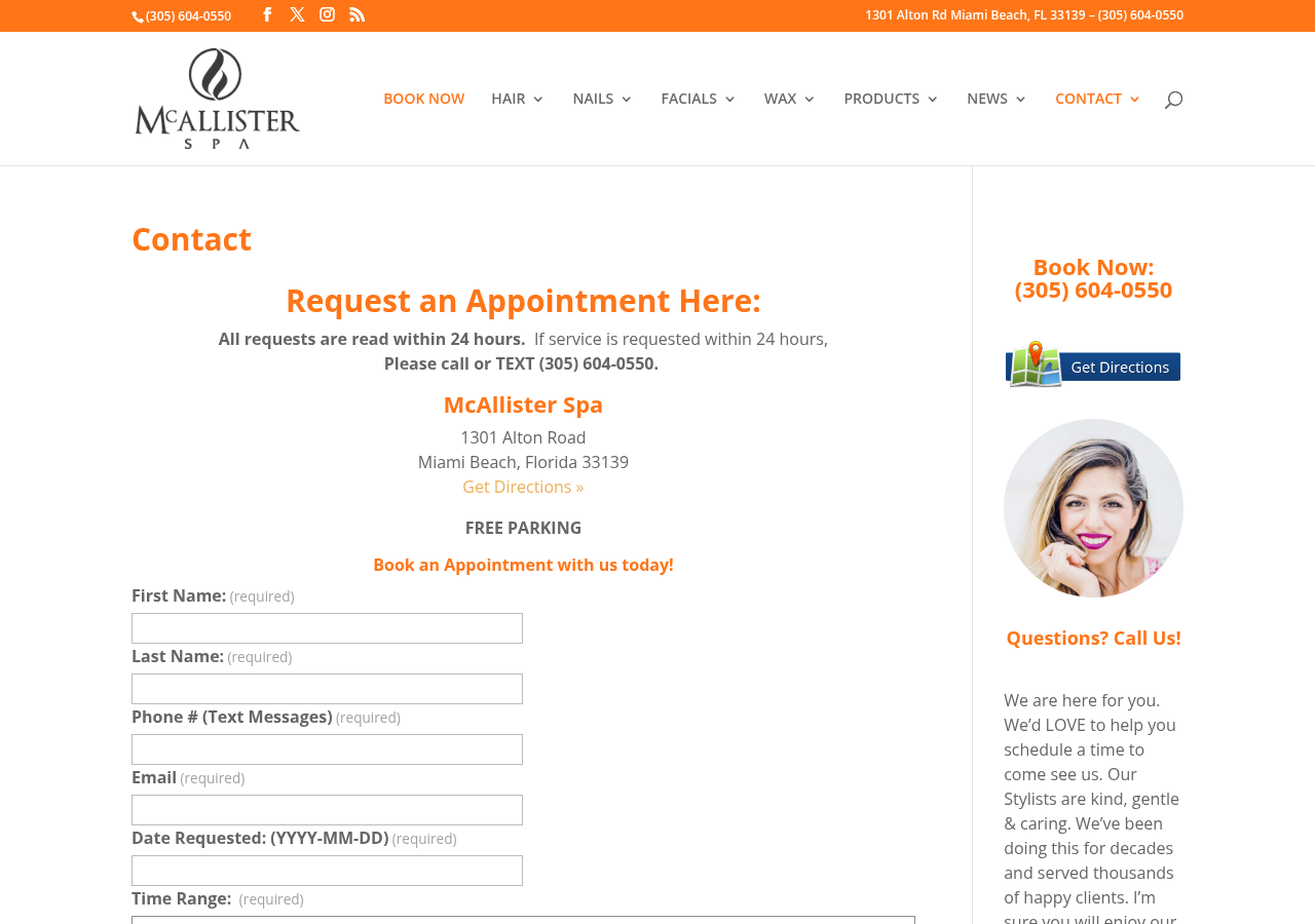 Screenshot of McAllister Spa & Salon Miami Beach Appointments - Contact Us