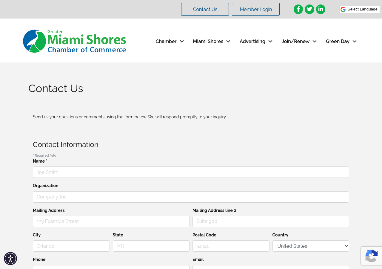 Screenshot of Contact Us