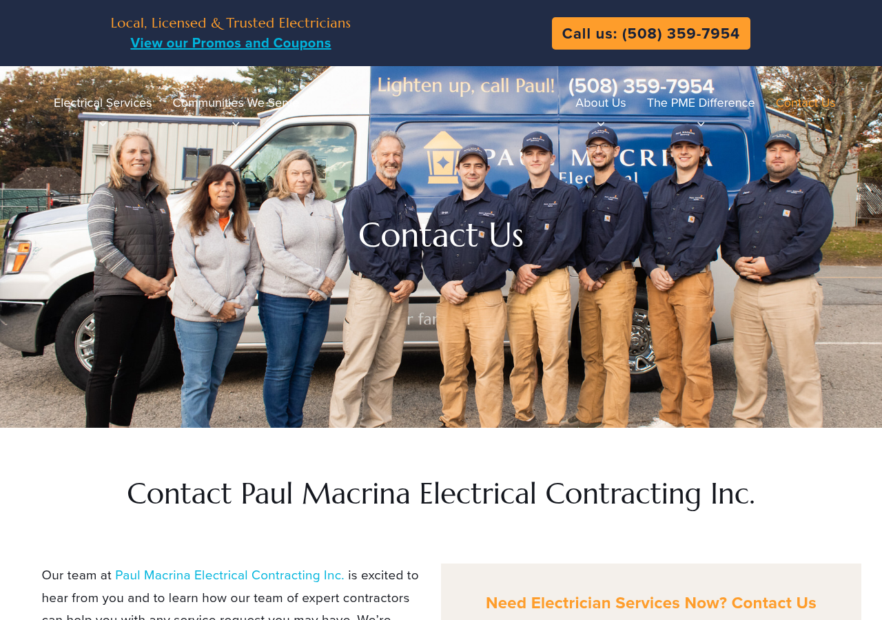 Screenshot of Contact Us in Medfield, MA | Paul Macrina Electrical