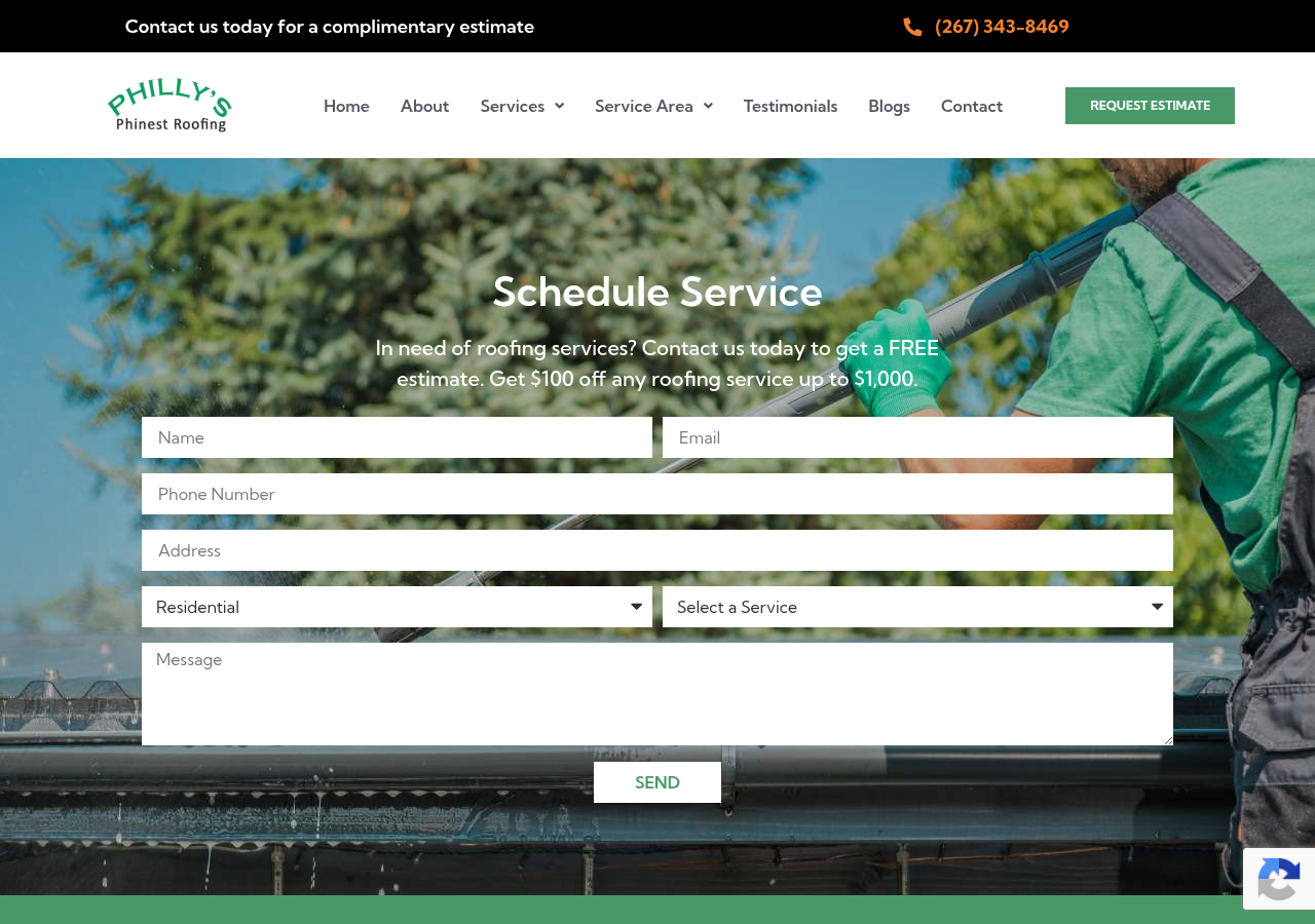 Screenshot of Contact Us | 24/7 Emergency Service | Philly's Phinest Roofing