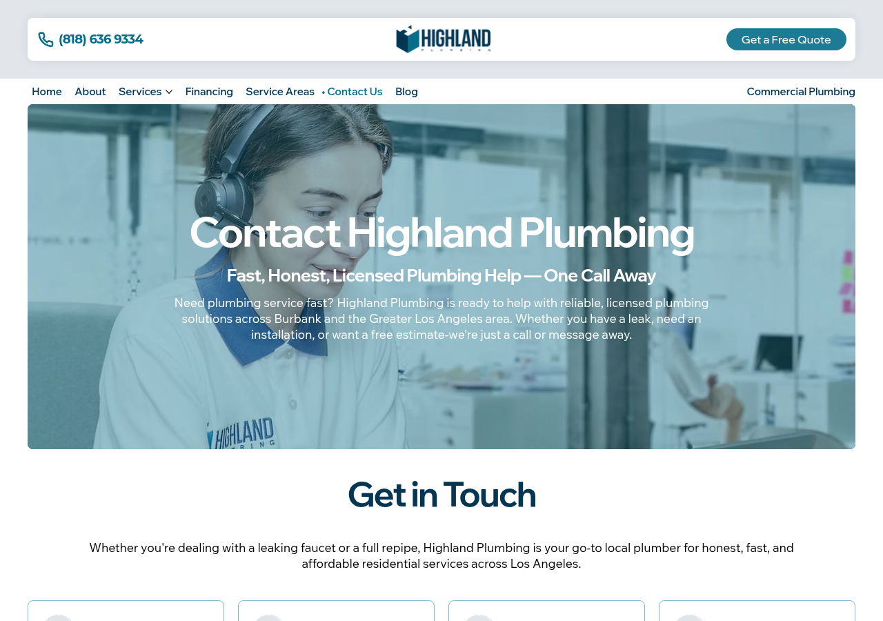 Screenshot of Contact Highland Plumbing | Licensed Residential Plumbing Experts