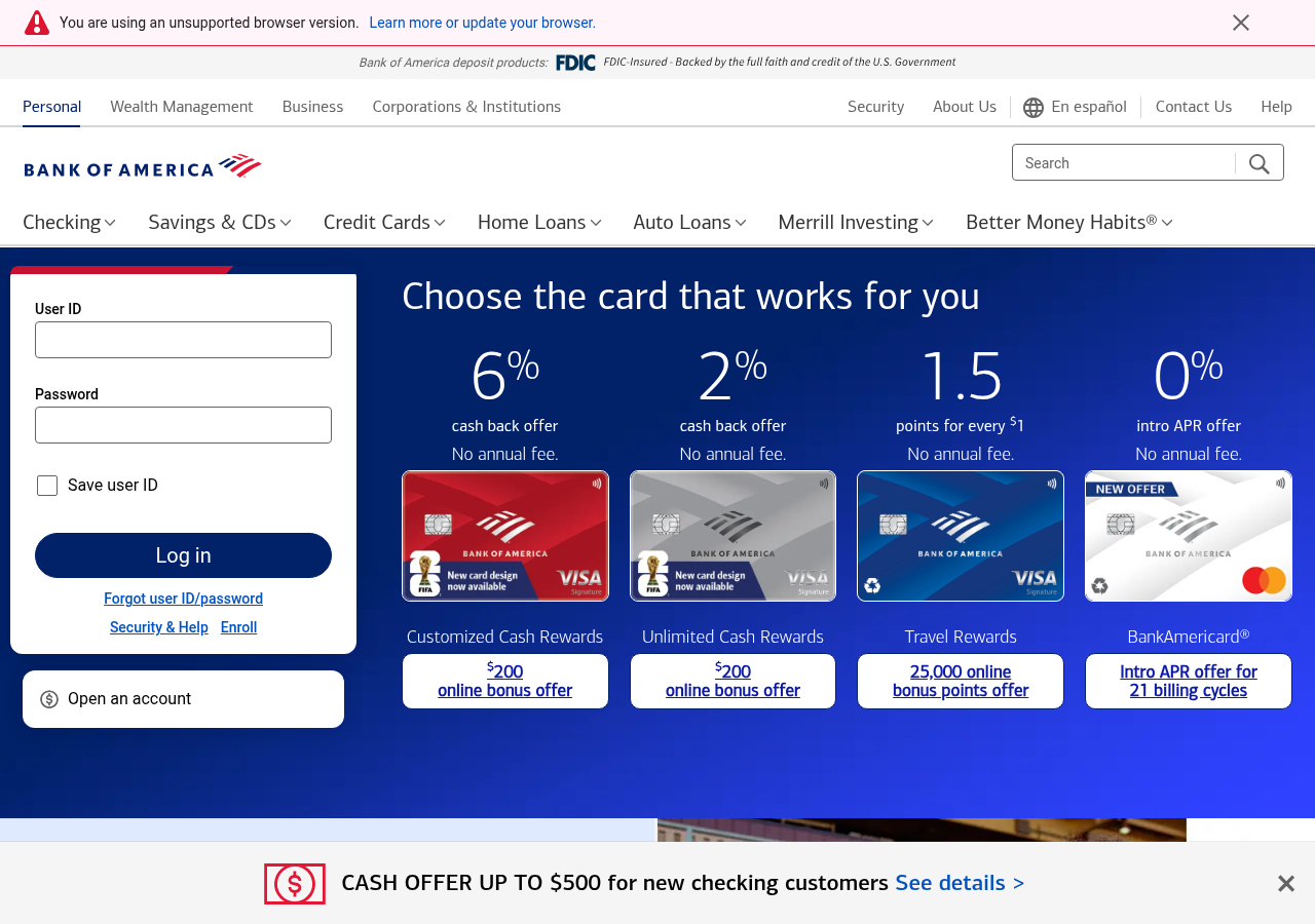 Screenshot of Bank of America - Banking, Credit Cards, Loans and Merrill Investing