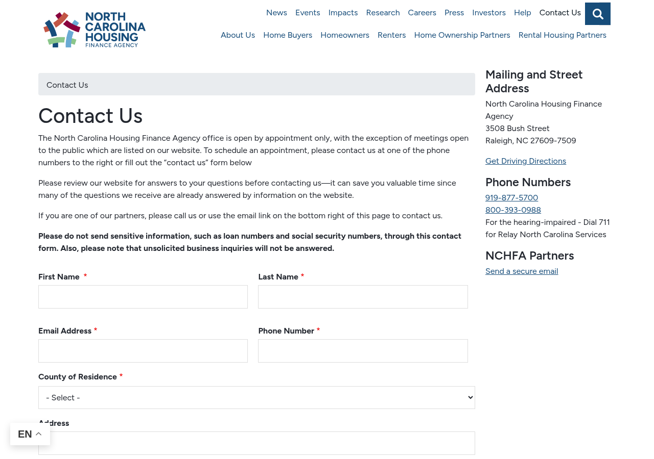 Screenshot of Contact Us | North Carolina Housing Finance Agency