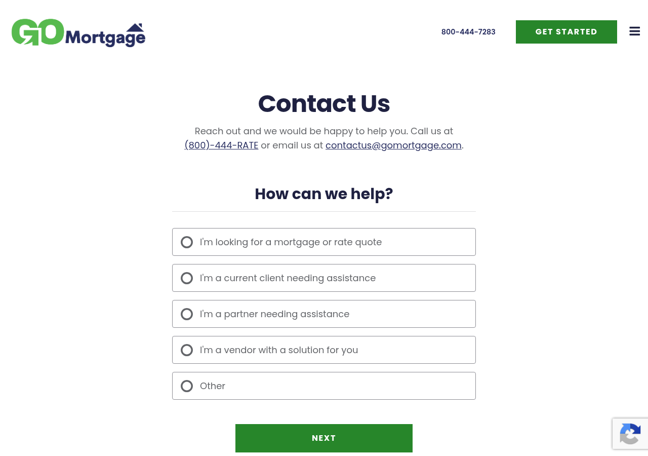 Screenshot of Contact Go Mortgage for Support and Questions