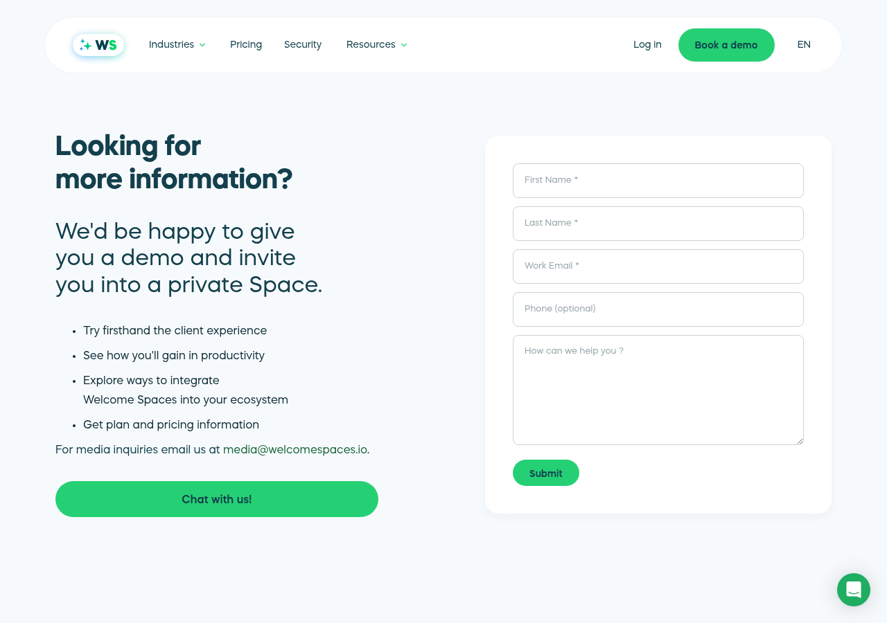 Screenshot of Contact Us - WelcomeSpaces