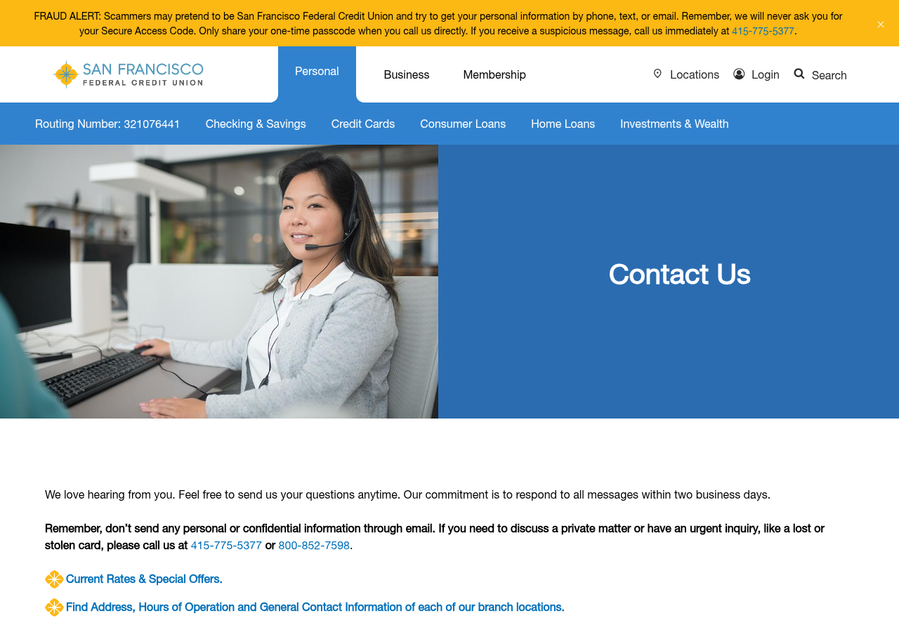 Screenshot of Contact Us | San Francisco Federal Credit Union