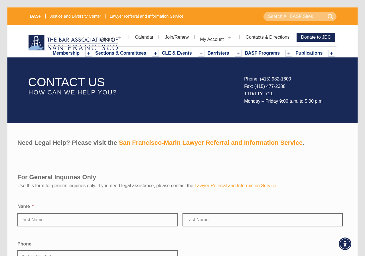 Screenshot of Contact Us Form - The Bar Association of San Francisco