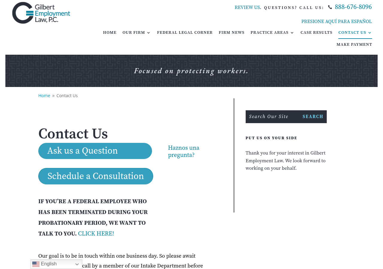 Screenshot of Contact Us - Gilbert Employment Law, P.C.