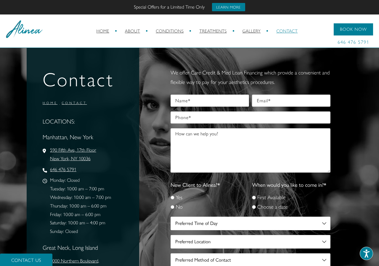 Screenshot of Contact Us | Alinea Medical Spa