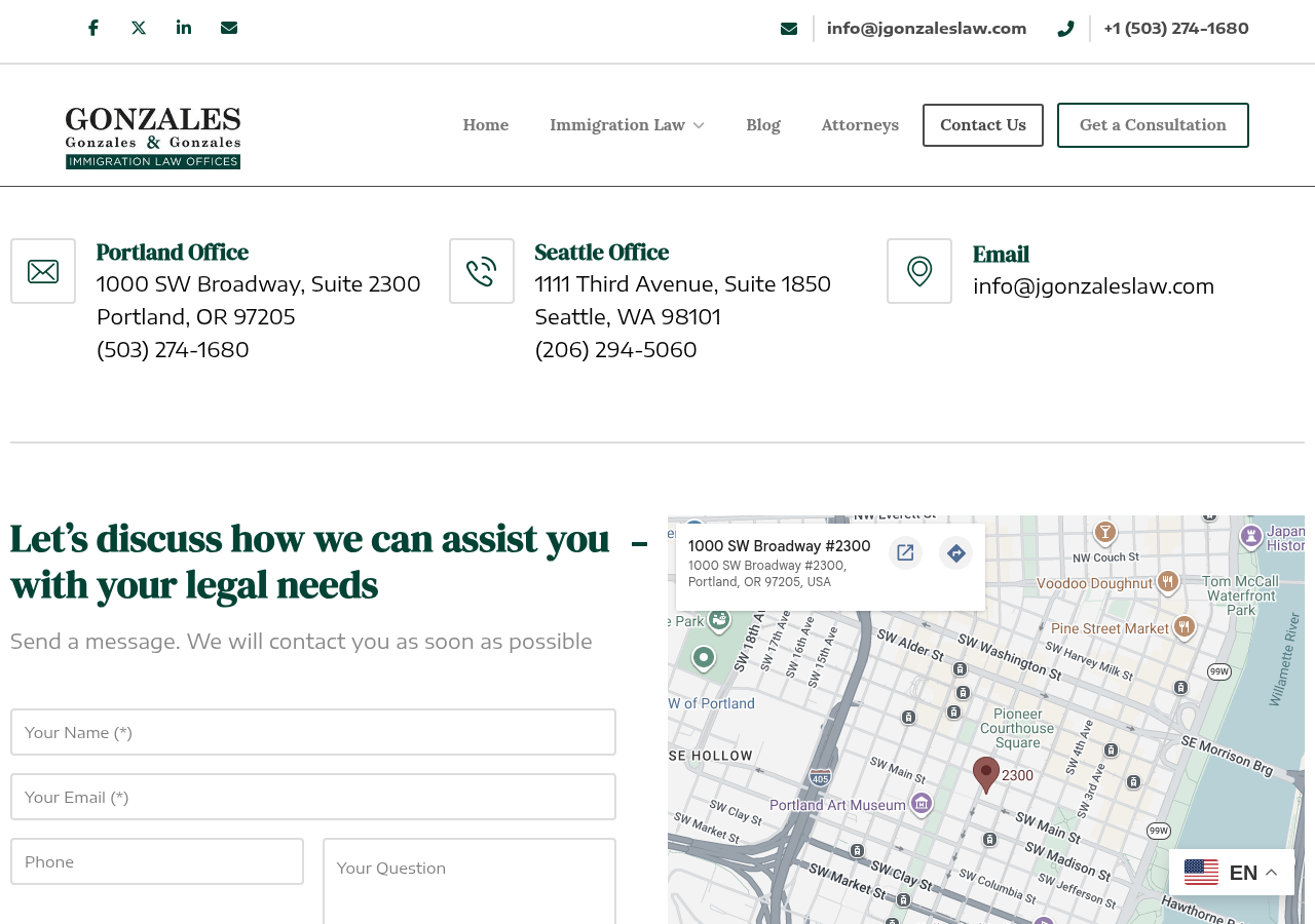 Screenshot of Contact Us | Portland & Seattle Offices | Gonzales Immigration Law