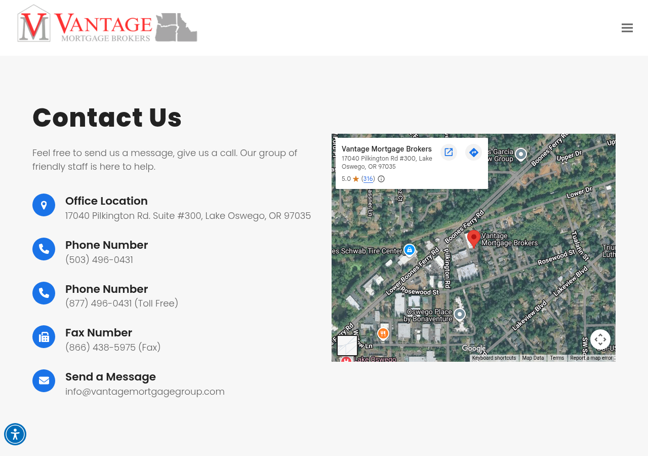 Screenshot of Contact Vantage Mortgage Brokers