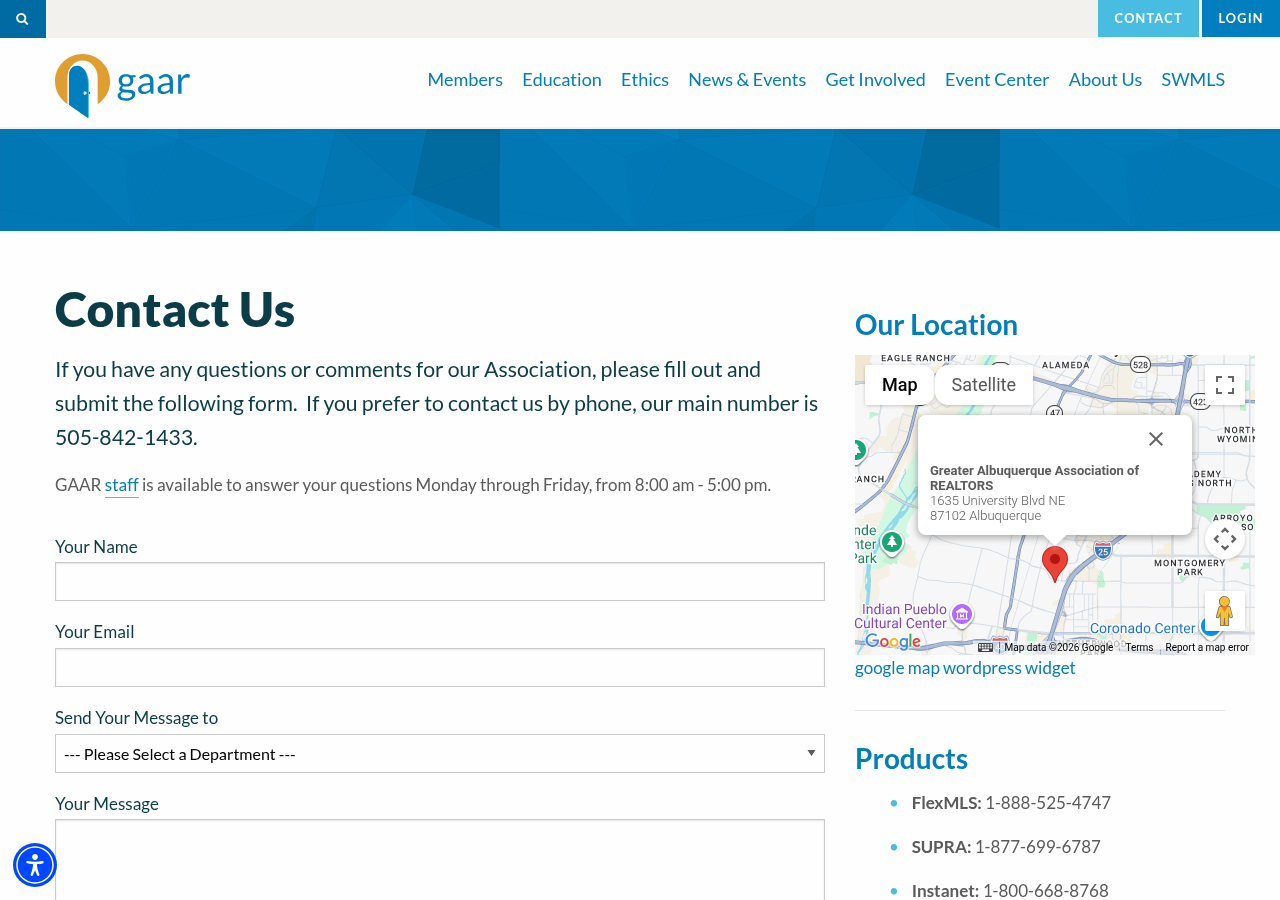 Screenshot of Contact Us | Greater Albuquerque Association of REALTORS®