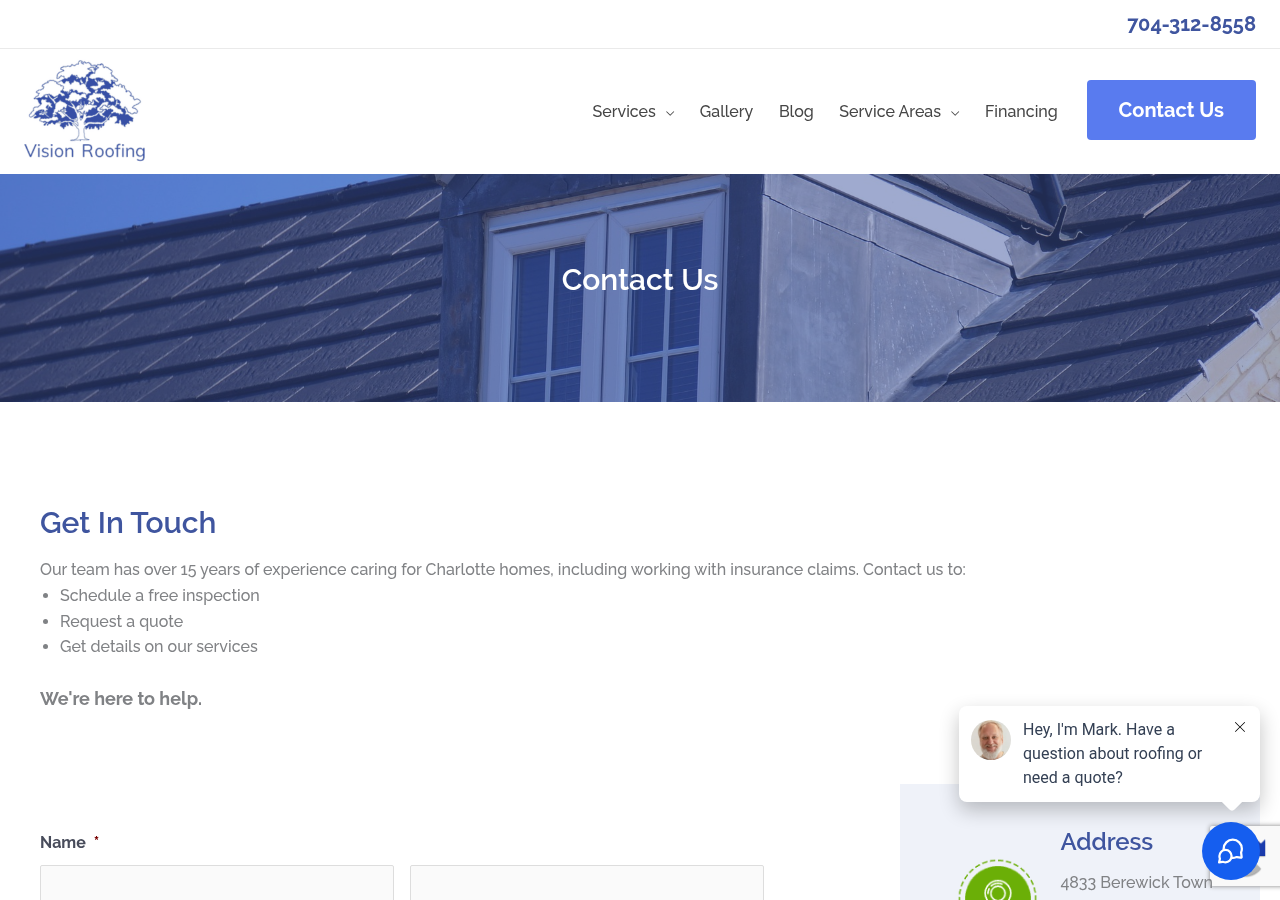 Screenshot of Contact Charlotte's Trusted Roofing Contractor | Vision Roofing