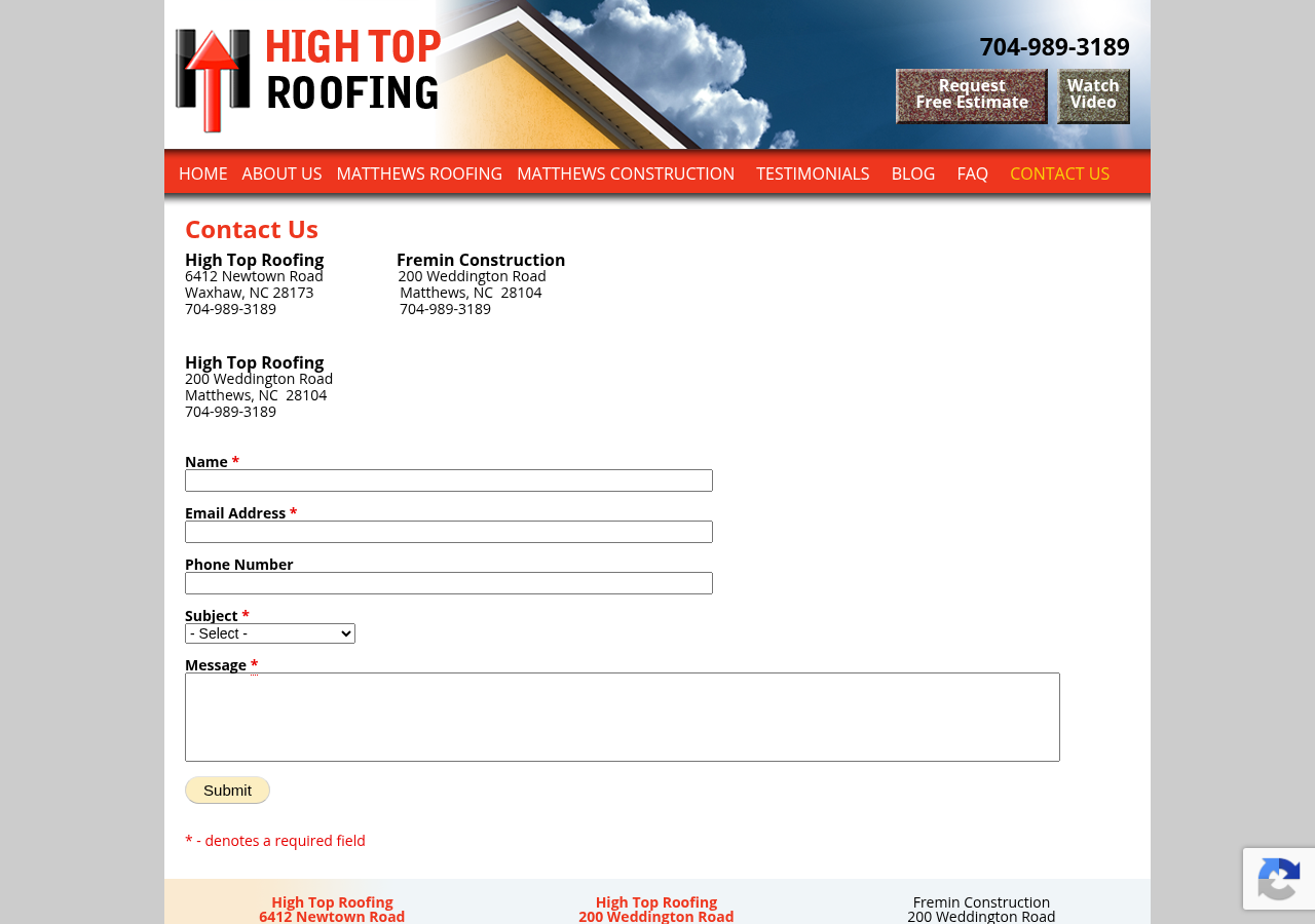 Screenshot of Contact High Top Roofing in Matthews, North Carolina