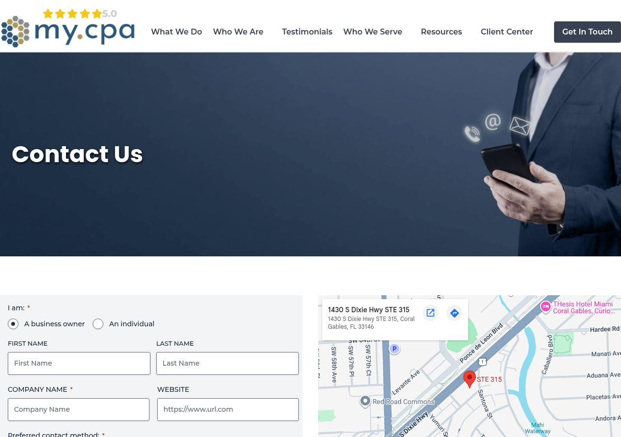 Screenshot of Get In Touch - MyCPA - Accounting, Bookkeeping & TaxExpandExpandExpandExpandToggle MenuExpandExpandExpandExpand