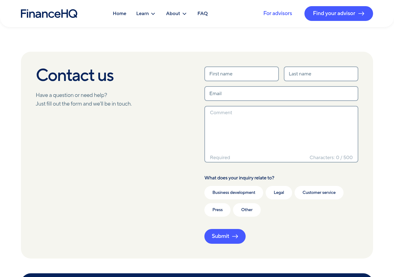Screenshot of Contact Us | FinanceHQ
