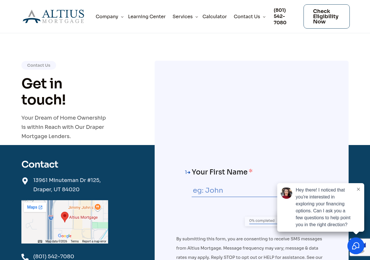 Screenshot of Contact Us | Mortgage Lender in Draper, UT | Altius Mortgage