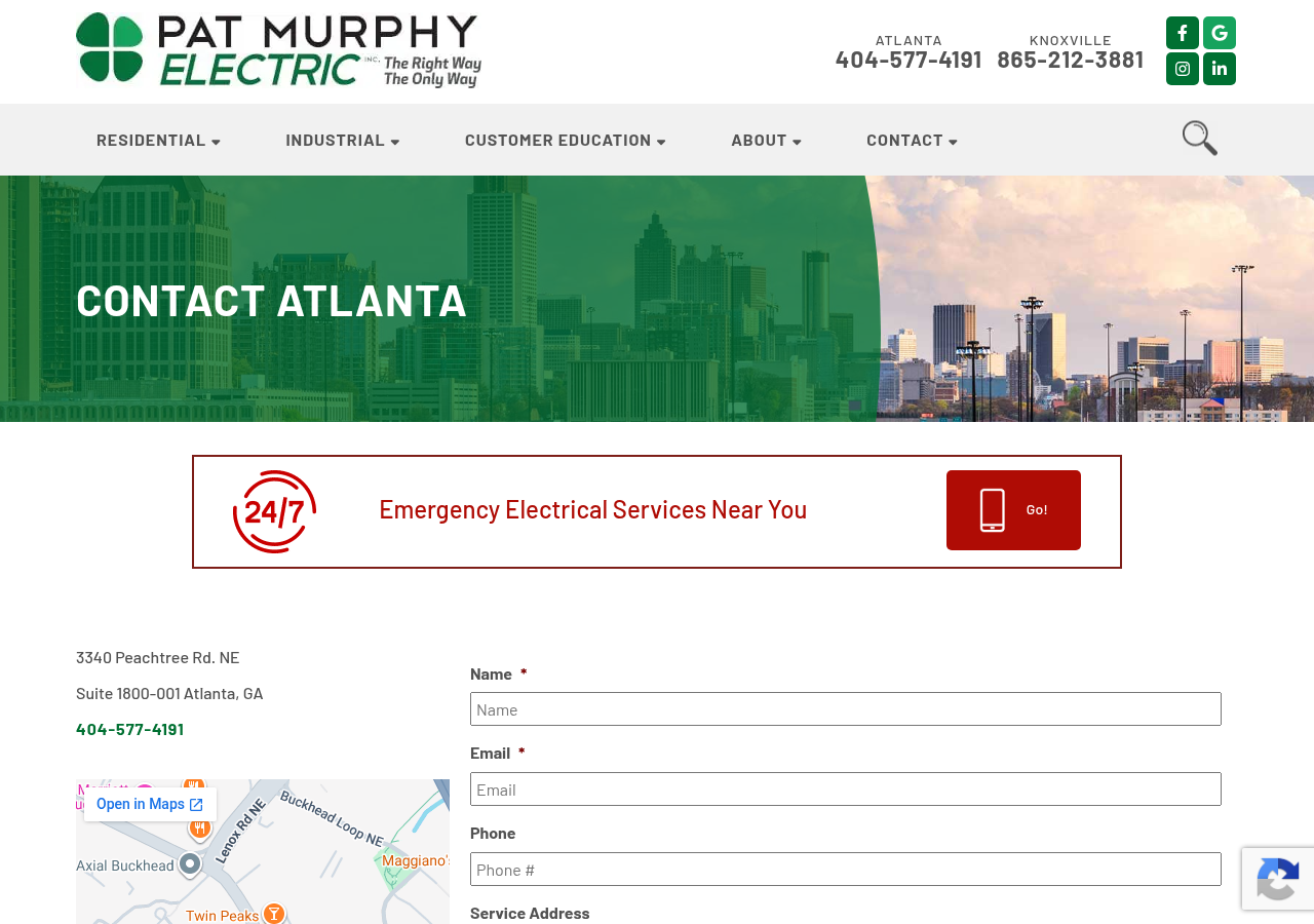 Screenshot of Contact Pat Murphy Electric in Atlanta, GA