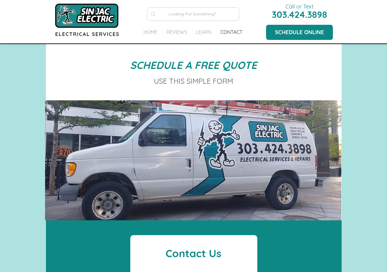Screenshot of CONTACT US FOR A FREE QUOTE | Denver Metro Area Electricians | Sin Jac Electric