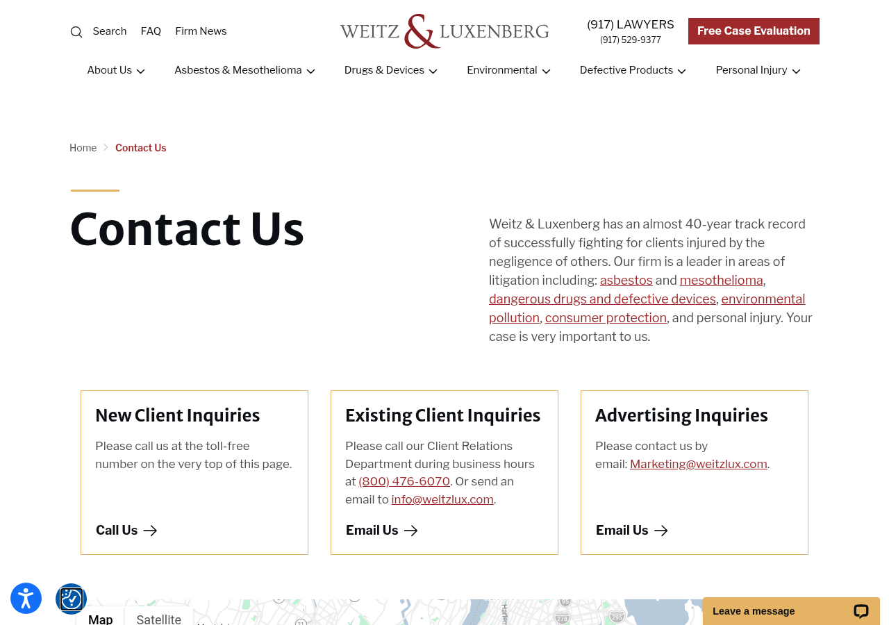 Screenshot of Contact Us | Weitz & Luxenberg