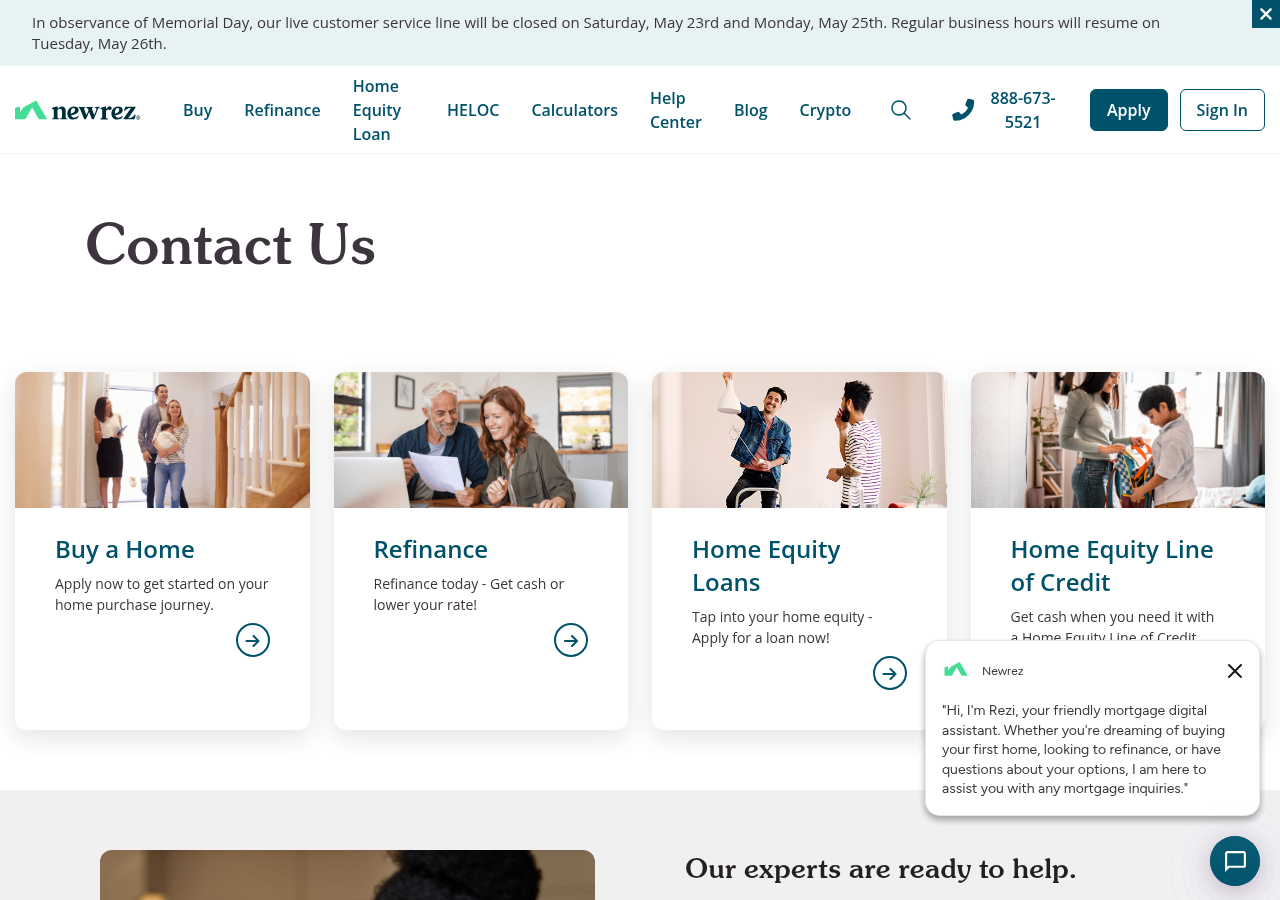 Screenshot of 888-673-5521 | Contact Us | NewrezEqual Housing OpportunityBetter Business BureauDownload on the App StoreGet it on Google Play