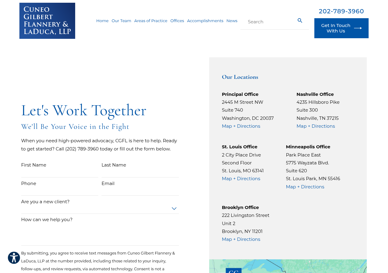Screenshot of Contact | Cuneo Gilbert Flannery & LaDuca, LLP