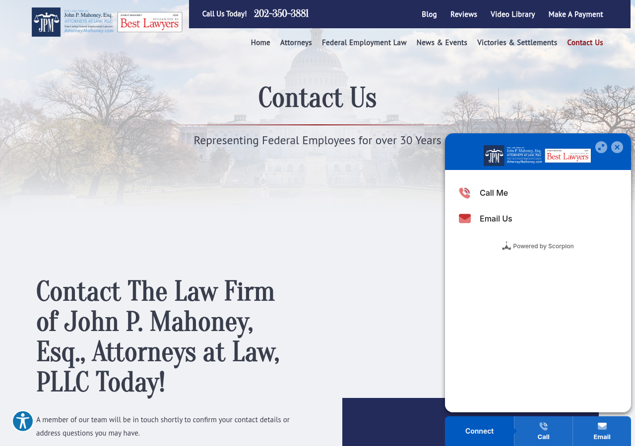 Screenshot of Contact Us | The Law Firm of John P. Mahoney, Esq., Attorneys at Law, PLLC