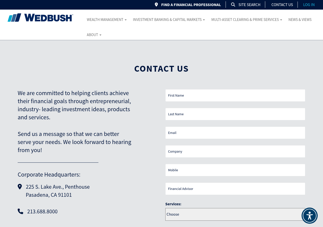 Screenshot of Contact Us - Wedbush Securities