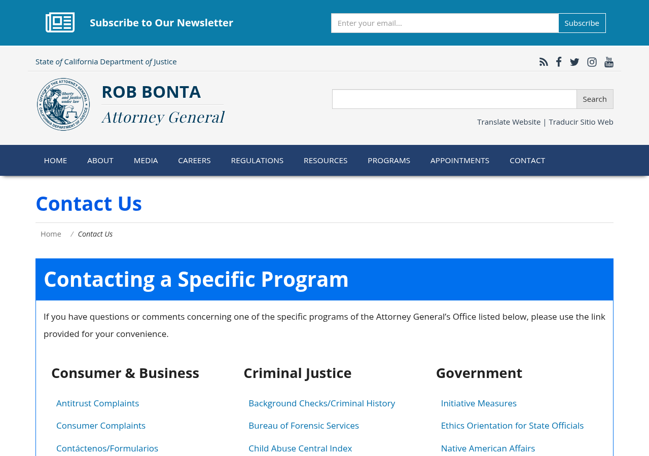 Screenshot of Contact Us | State of California - Department of Justice - Office of the Attorney General