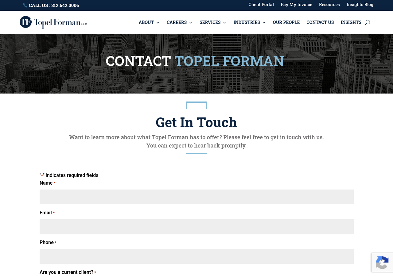 Screenshot of Contact Us | Topel Forman L.L.C. – Certified Public Accountants