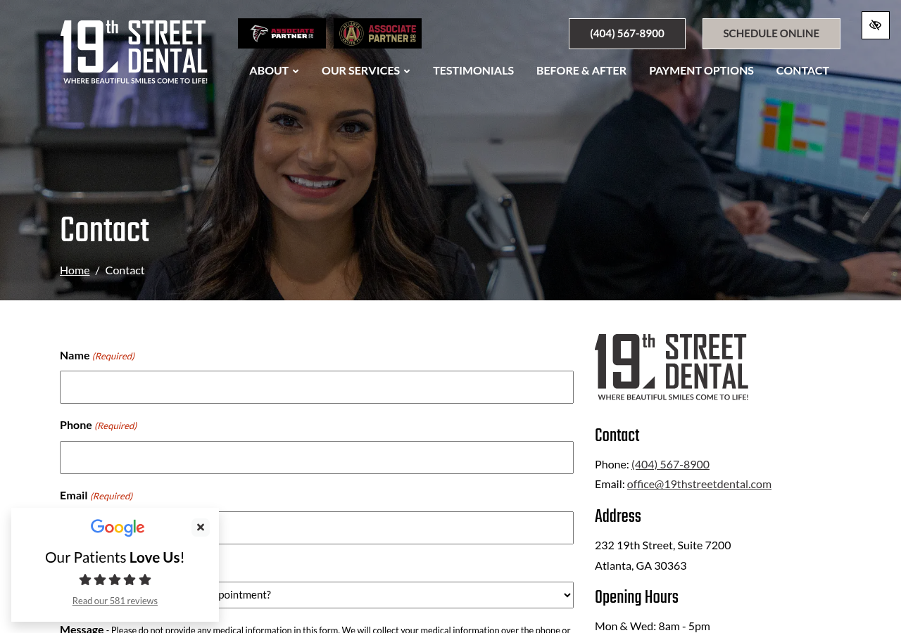 Screenshot of Contact 19th Street Dental | 232 19th St., Suite 7200, Atlanta GA 30363