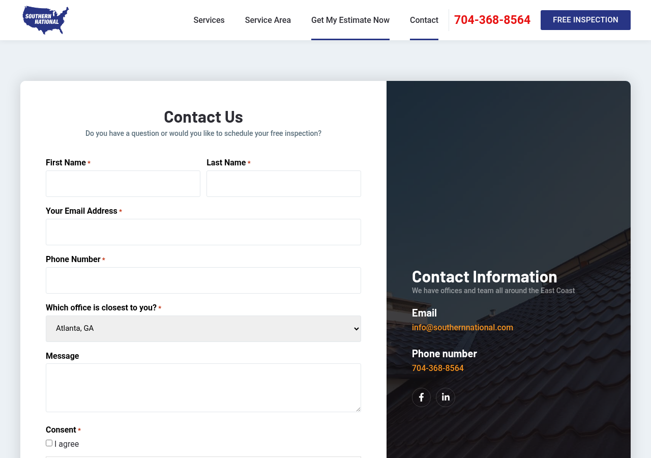 Screenshot of Contact - Southern National Roofing