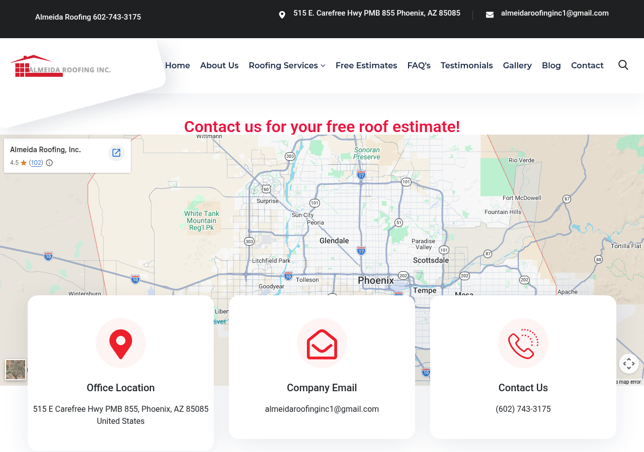 Screenshot of Contact Phoenix best Roofing Company