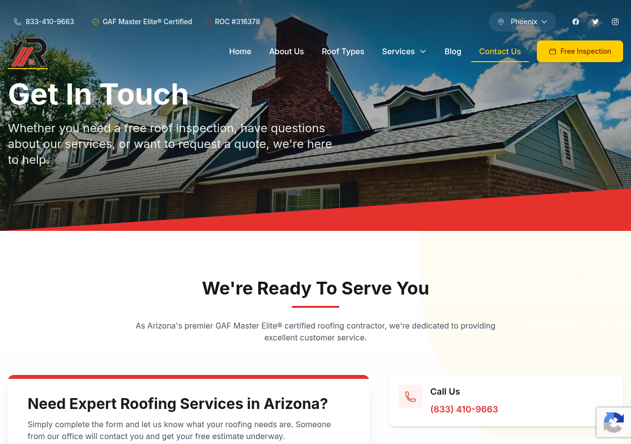 Screenshot of Contact Rob's Roofing Arizona | Free Estimates | (833) 410-9663 | Rob's Roofing Arizona - GAF Master Elite® Certified