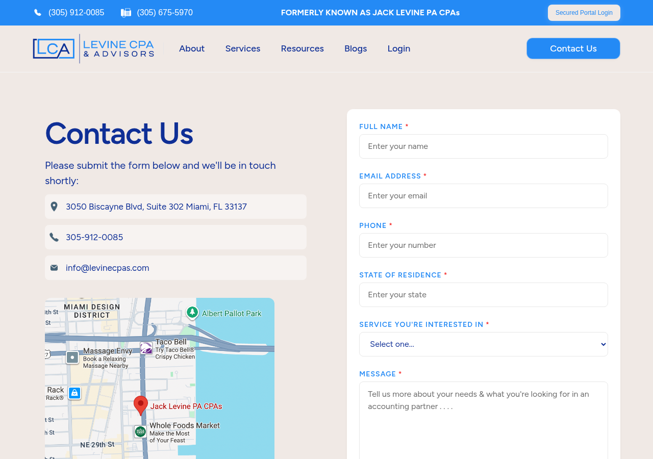 Screenshot of Contact Miami CPA and Tax Advisors | Levine CPA