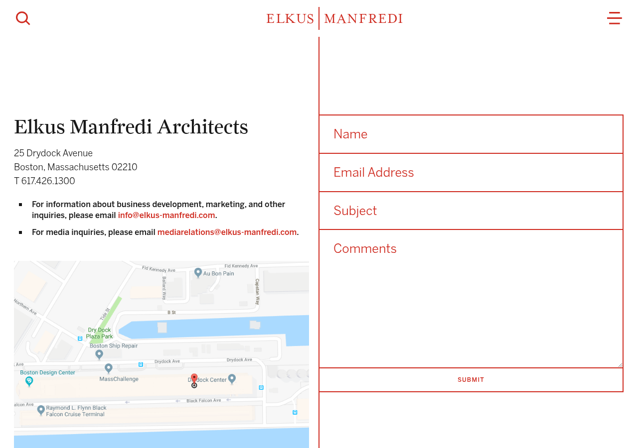 Screenshot of Contact | Elkus Manfredi Architects
