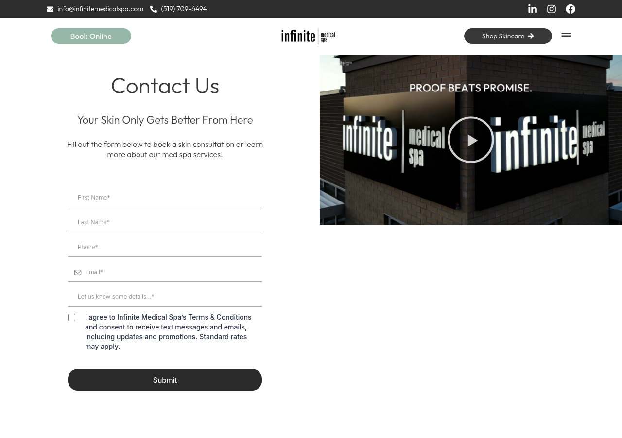 Screenshot of Contact Us - Infinite Medical Spa