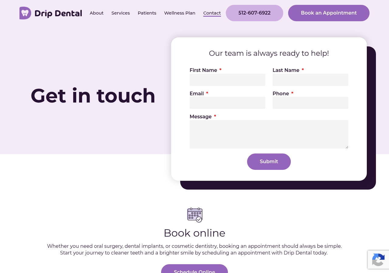 Screenshot of Contact | Drip Dental