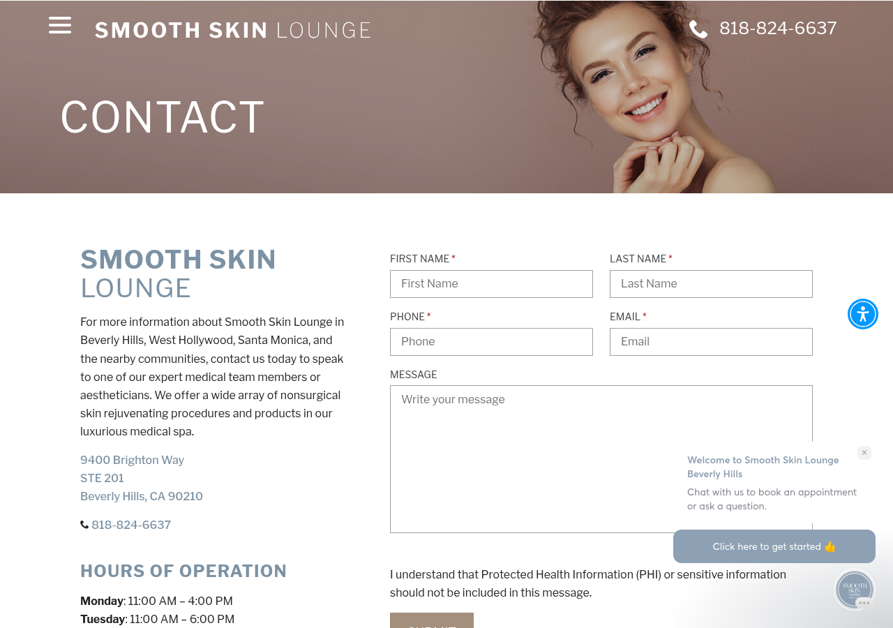 Screenshot of Contact Smooth Skin Lounge in Studio City | Smooth Skin Loungechevron-leftchevron-rightchevron-upchevron-rightchevron-leftarrow-backstarphonequotecheckbox-checkedsearchwrenchinfoshieldplayconnectionmobilecoin-dollarspoon-knifeticketpushpinlocationgiftfirefeedbubbleshomeheartcalendarprice-tagcredit-cardclockenvelopfacebookinstagramtwitteryoutubepinterestyelpgoogleredditlinkedinenvelopebbbpinteresthomeadvisorangiesfacebookinstagramyoutube