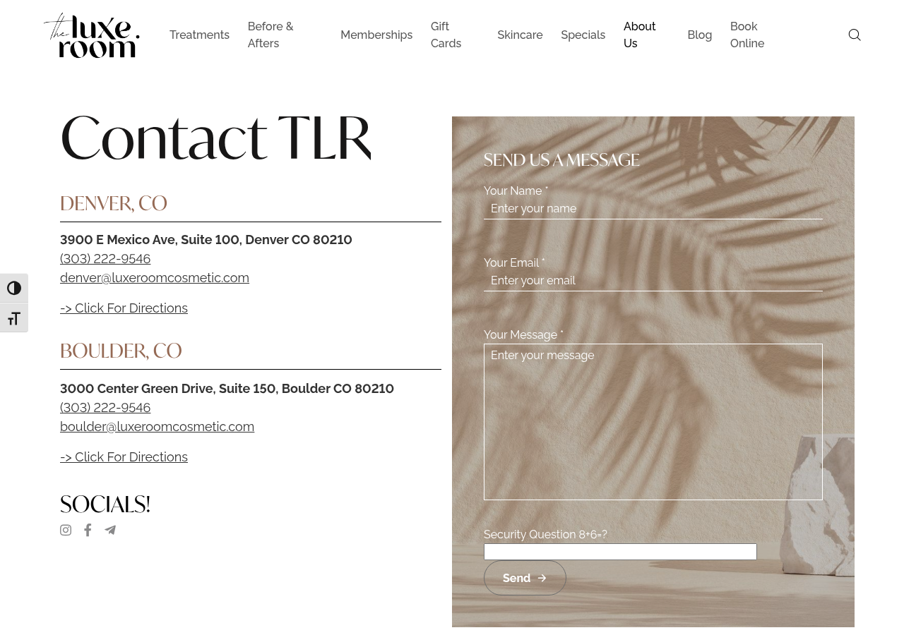 Screenshot of Contact The Luxe Room Med Spa - Denver | Boulder | Fort Collins, Colorado